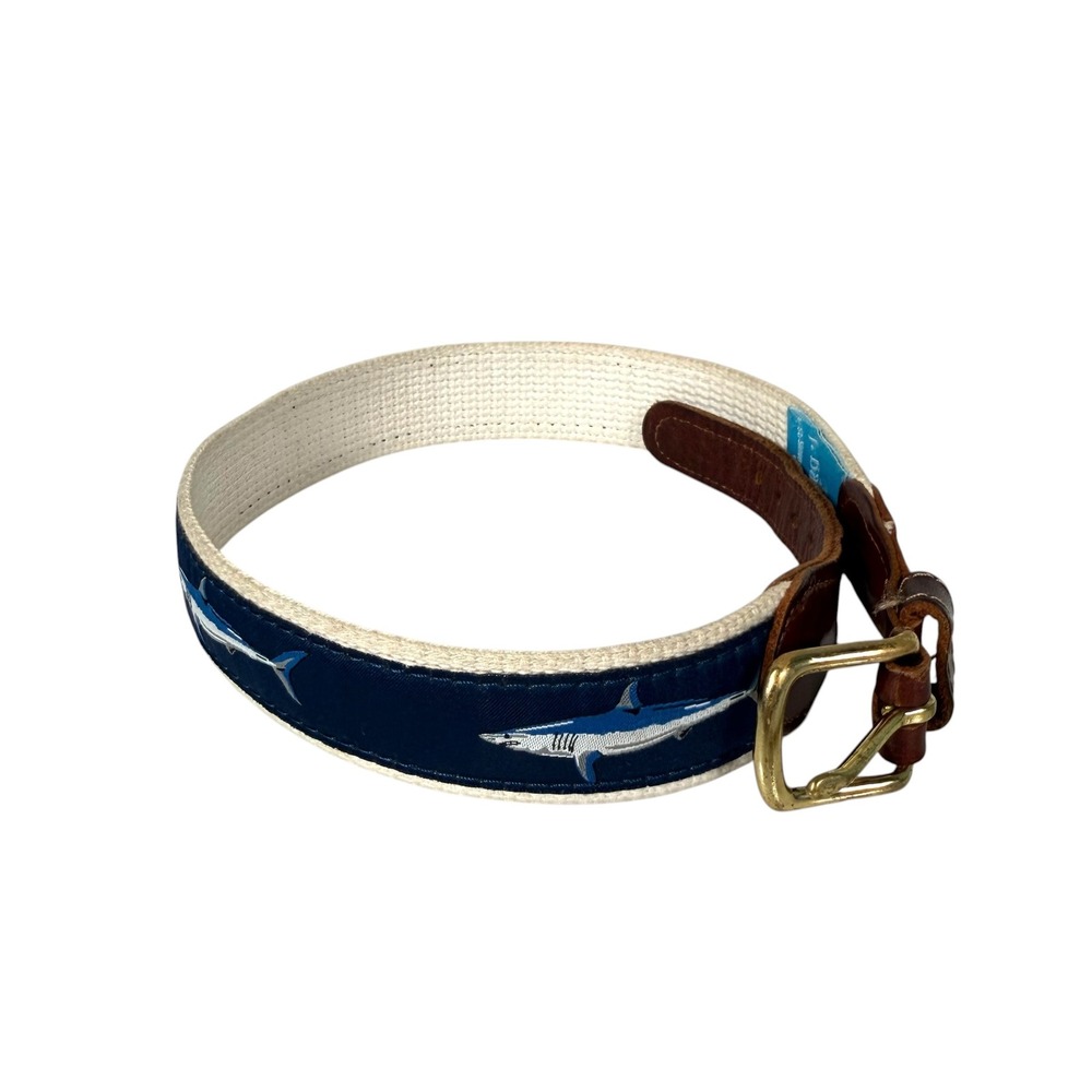 J. Bailey Boys Navy Shark Embroidered Canvas Leather Belt Size 20 Nautical Brass